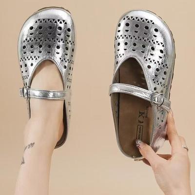 Ретро дутые женские туфли 2025 лето новая модель два способа носки мягкая подошва легкий ветер неглубокий вырез удобная обувь женские сандалии