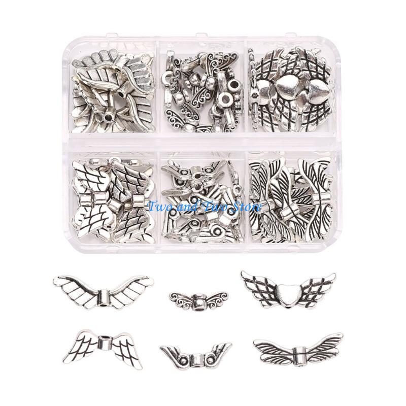HX6F 6/8 Styles Wing Beads Angel Wing Charm Alloy Spacer Bead Antique Silver Color