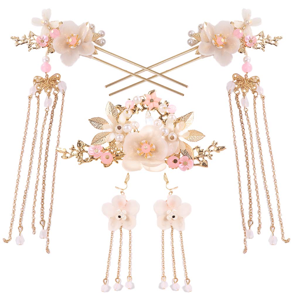 Women Girls Handmade Long Tassel Fashion Chinese Earrings Hair Comb Headwear Sets Hanfu Hair Stick