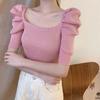 Summer Korean Style Design Retro Square Neck Slim Knit Top Short Sleeved T-shirt for Women