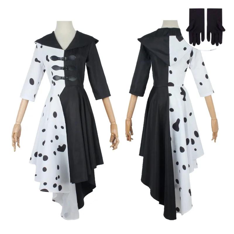 Cruella De Vil Cosplay Costume Women's Dalmatian Black and White Costume Dress With Gloves Skirt Wigs Outfits Halloween Party