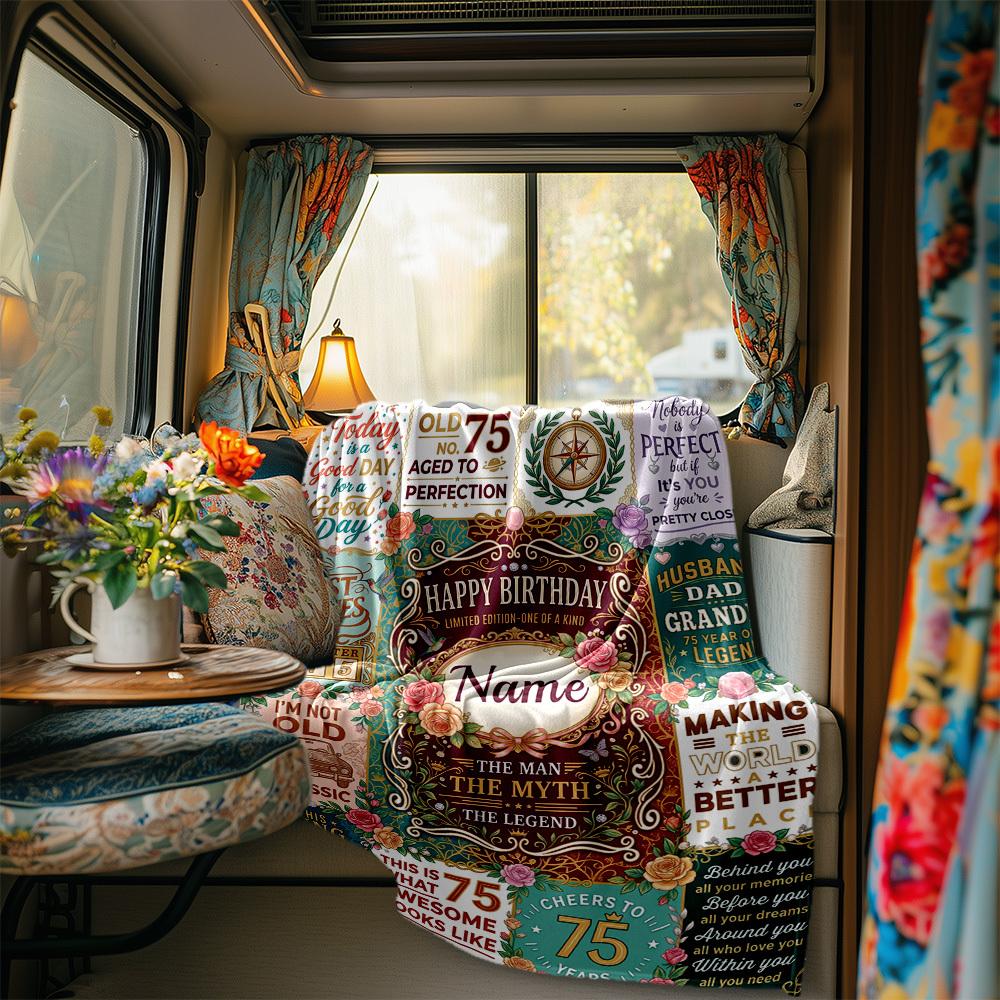 Happy 75Th Birthday Celebration Blanket Personalized Name Soft Comfortable Stylish Blanket Car Blanket Perfect For Travel Camping Outdoor Home