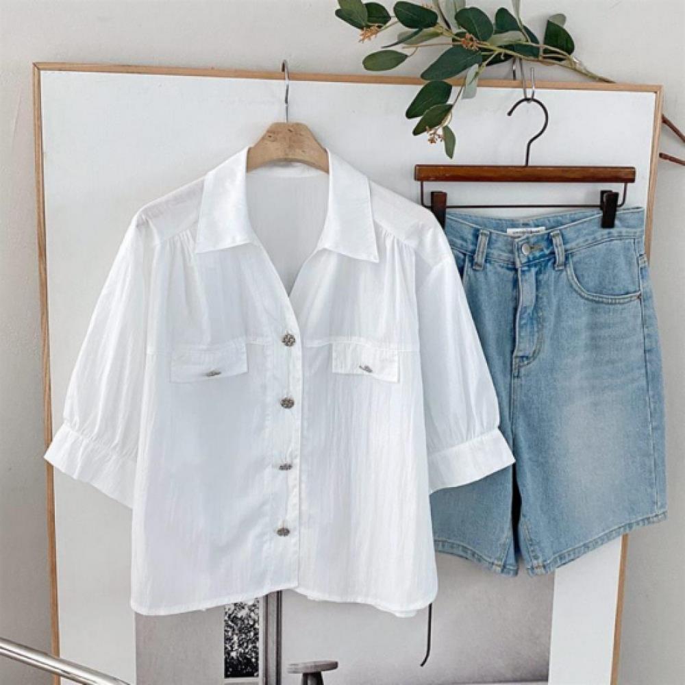 New Arrivals Open Run Women Nylon Pattern Button Pintuck Shirring Short Sleeve
