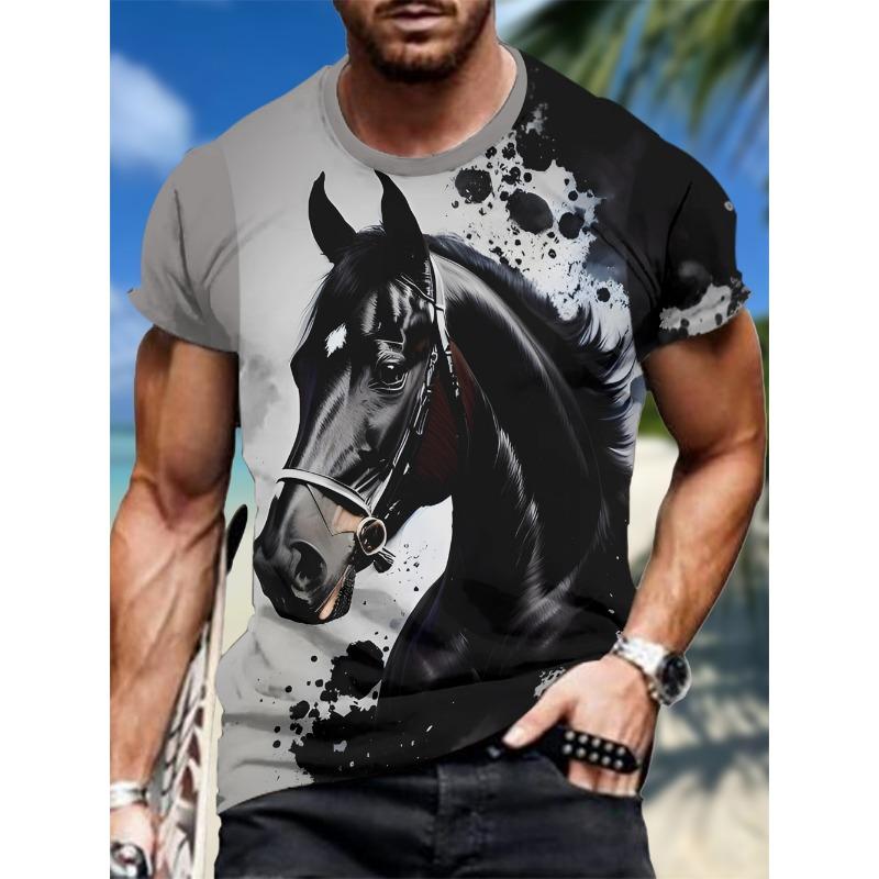 3D Majestic Horse Printing Round Neck Street Fashion T-Shirt Трехмерная печать Horse Мужская креативная футболка с короткими рукавами