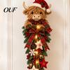 Vertical Holiday Door Wreath Lighted Highland Cow Christmas Swag, LED Hanging Decor with Plaid Ribbon Farmhouse Style Accents And Berries, for