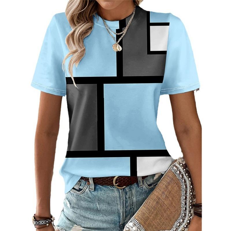 Summer Color Blocked Striped Print Elegant Short Sleeved Women's Commuting T-Shirts Women’s