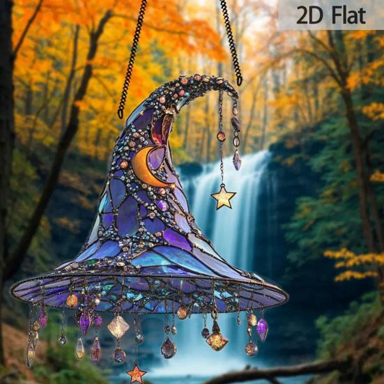 Halloween Colorful Bat Hanging Decoration Stained Glass 2D Flat Acrylic Witch Hat Suncatcher Indoor Outdoor Wall Window Hanging Sign Ornament
