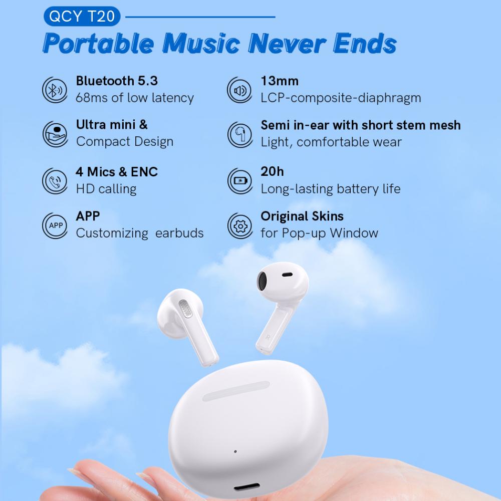 Qcy T20 Беспроводные наушники Bluetooth 5.3 Наушники-вкладыши 68 мс с низкой задержкой 13-мм драйвер HIFI-наушники 4 микрофона + ENC HD-вызов Полувкладыш-наушник