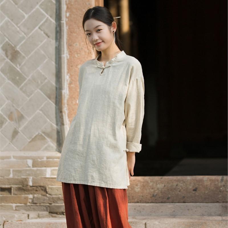 Johnature Женские винтажные рубашки, топы с длинным рукавом, китайский стиль, осенние блузки, однотонные рубашки-стойки