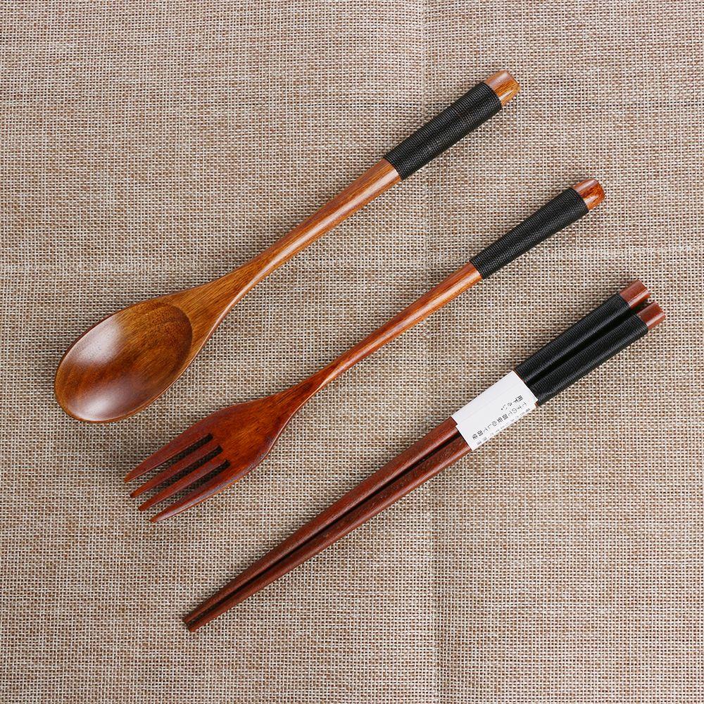 Japanese Style Portable Cutlery Set Spoon Fork Chopsticks Natural Wooden Cloth Bag