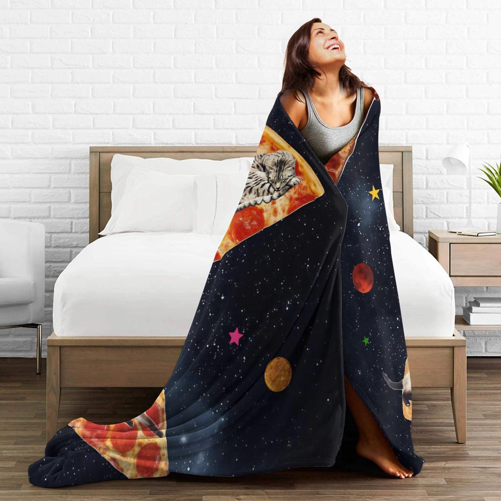 Pizza Cat Space Galaxy Flying Knitted Blanket Funny Wool Throw Blanket Home Couch Decoration Thin Bedspread Portable