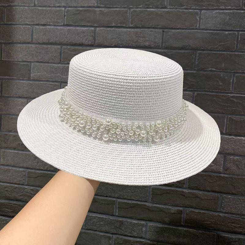 Summer Casual Vacation Sun Hat Elegant French Pearl Versatile Flat Top Straw Hat Beach Top Hat Children's Tide