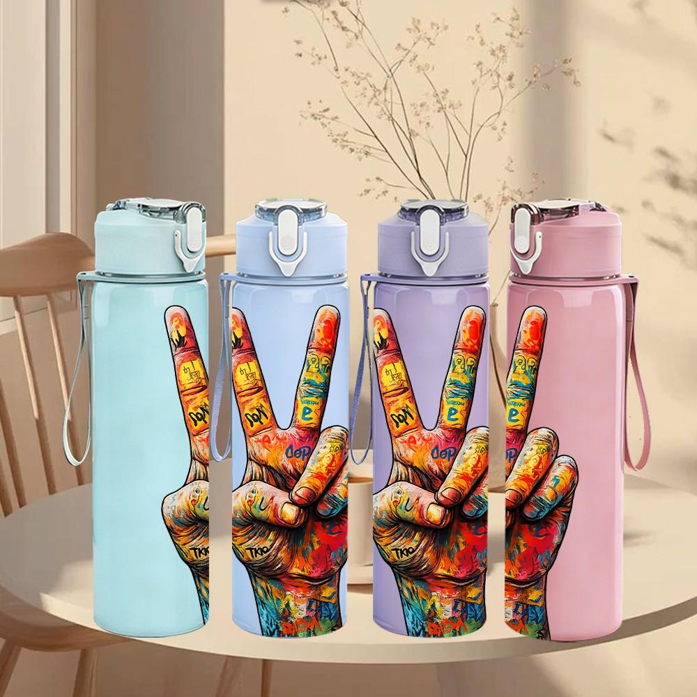 1PC Peace Hand Gesture 750ml Color Plastic Sports Water Bottle Leakproof Flip Straw Lid Suitable for Sports Office Home Use