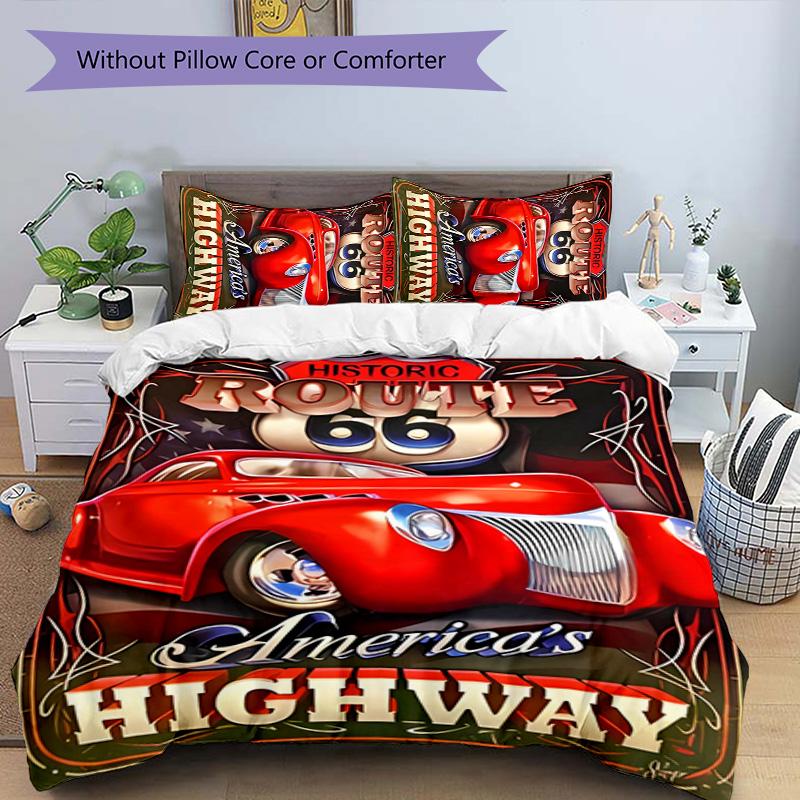 3pcs U.S. Route 66(0) pattern bedding set duvet cover set includes duvet cover &pillowcases, perfect all season bedroom decoration & gift