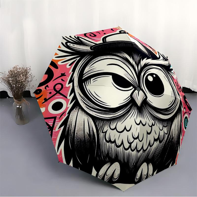 1pc Owl Art Automatic Open/close Umbrella, 8-Rib sturdy structure, Portable Travel Umbrella, Parties, Everyday Use, Outdoor Accessory, Artis