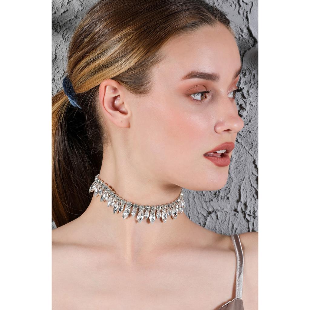 Women's Big Small Almond Zircon Stone Model Silver Diamond Evening Dress Wedding Engagement Bridal Necklace Leash Choker