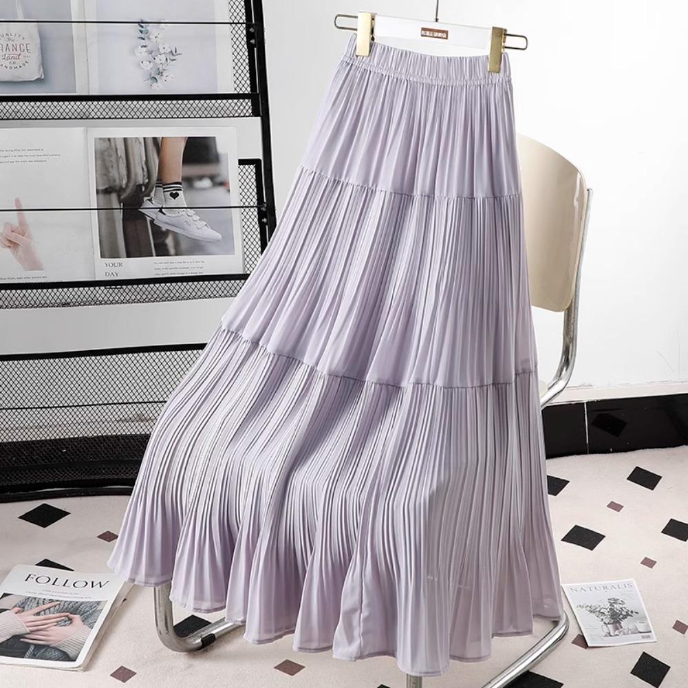 Dimanaf 2025 Summer Women New Skirts Chiffon Solid Elastic Waist Pleated Mesh Elegant Skirts