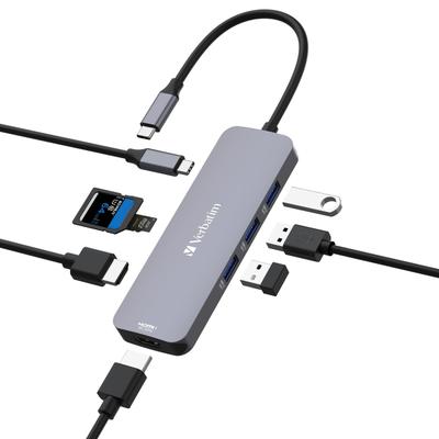 Концентратор USB Verbatim с быстрой зарядкой PD Поддерживает до 85 Вт USB Power Выход 4K 5 Гбит/с HDMI 8K HDMI 4K 3 SD-карта Micro SD-карта 32151 8-в-1 Зарядка Type-C,