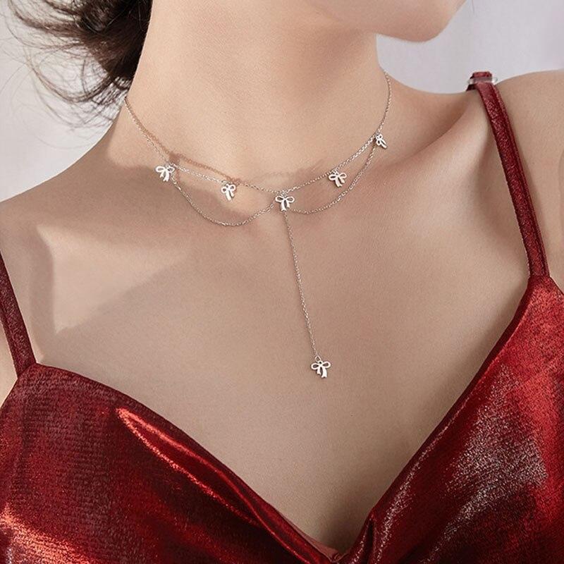 Ожерелье-бантик из стерлингового серебра 925 пробы, женское, простое, милое, с короткой цепочкой, колье-чокер, оптовая продажа