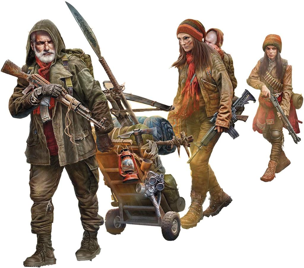 Master Box 1/24 Scale Plastic Model Kit MB24078: Post-Final War Series: The Last Bridge, Set of 3 Refugees: Vadem, Nadezhda, and Splinter