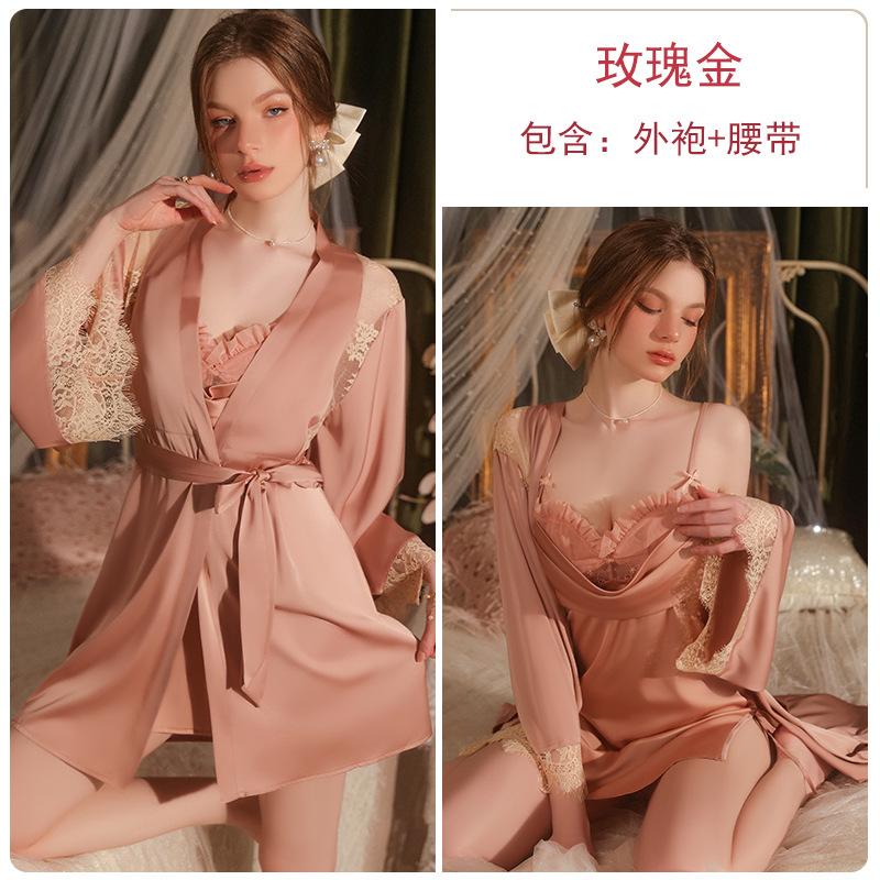 Women's Satin Lace Sheer Roll Neck Slit Cami Sleep Dress with Robe Lounge Set