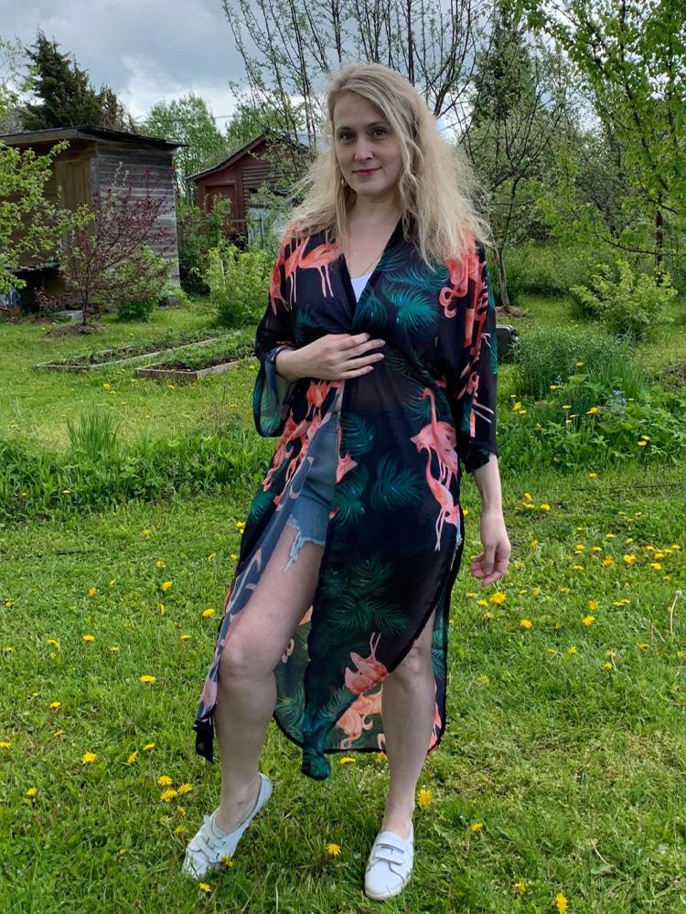 EDOLYNSA Зеленые фламинго в стиле бохо с принтом, шифоновое бикини, накидки, пляжная одежда больших размеров, платье-кимоно, женский летний купальник, накидка