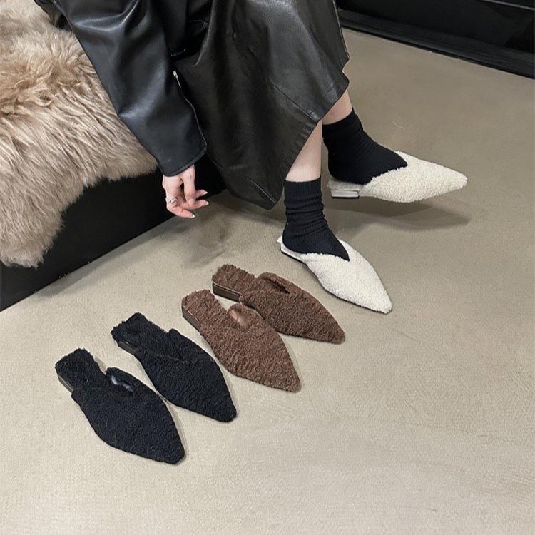 2024 Spring Woman Fur Mules Slippers Fashion Slides Shoes Ladies Elegant Outdoor Street Style Low Heel Footwear