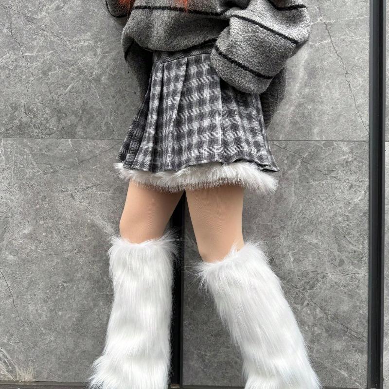 1 пара коричневых однотонных гетр из искусственного меха, стиль Y2K, всесезонные