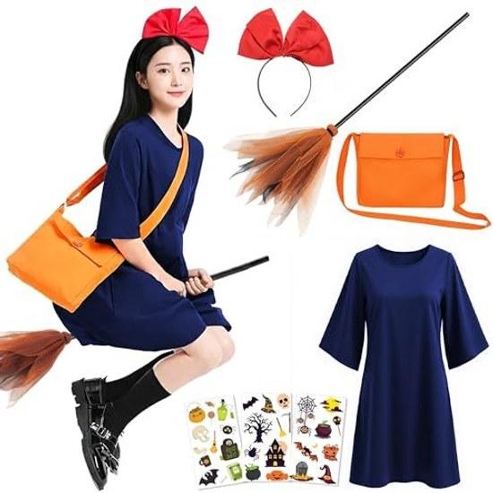 COZENRE Witch Kiki Cosplay Halloween Costume Ribbon Headband + Dress Bag Broom Stickers 3 7-piece Set Outfit women girls cute adorable Kikis Delivery