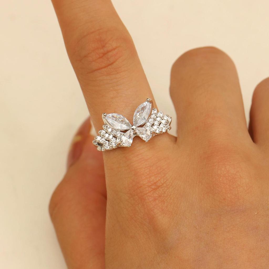 Elegant Geometric Butterfly Ring with Zircon Inlay - Adjustable Double-Layer Design for Women