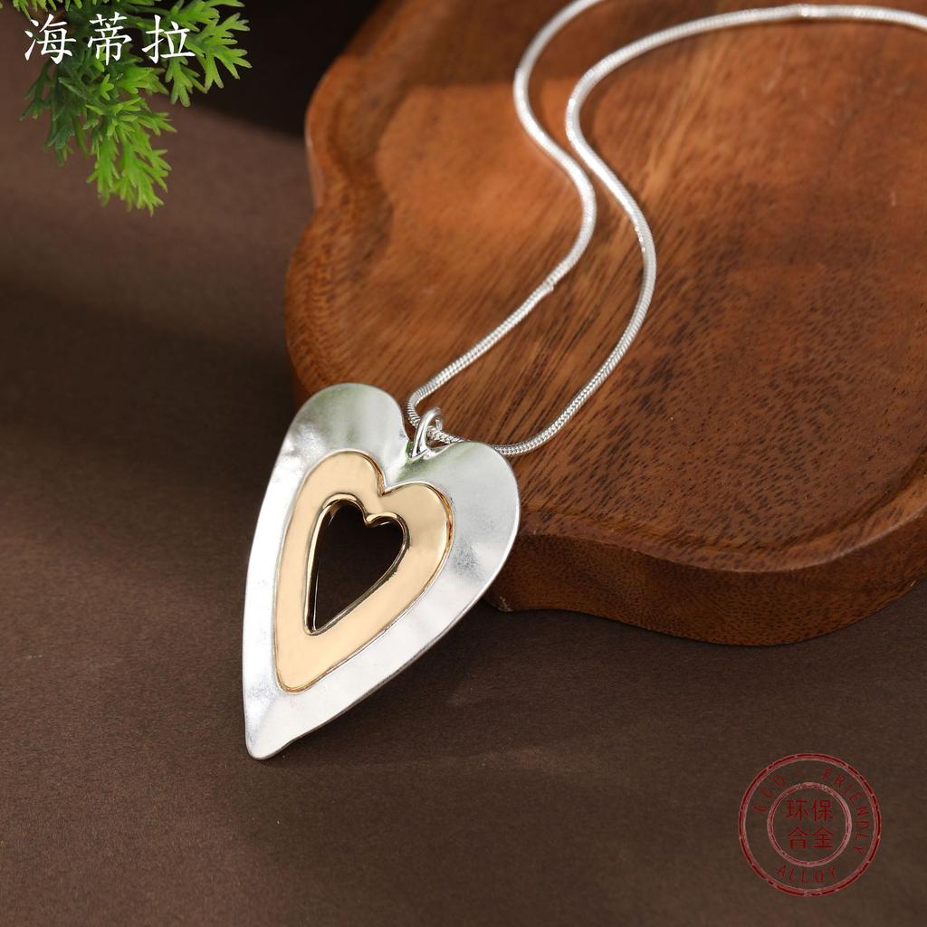 Новый песочный серебристый, ярко-серебристый, ярко-золотой контрастный цвет, полый кулон в виде сердца, женское высококлассное длинное ожерелье в форме сердца