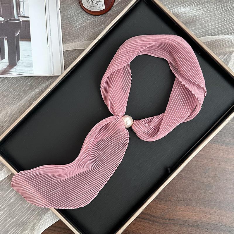 Pearl Magnetic Silk Scarf High-end New Versatile Solid Color Pleated Silk Scarf with Shirt Neck Protector Scarf