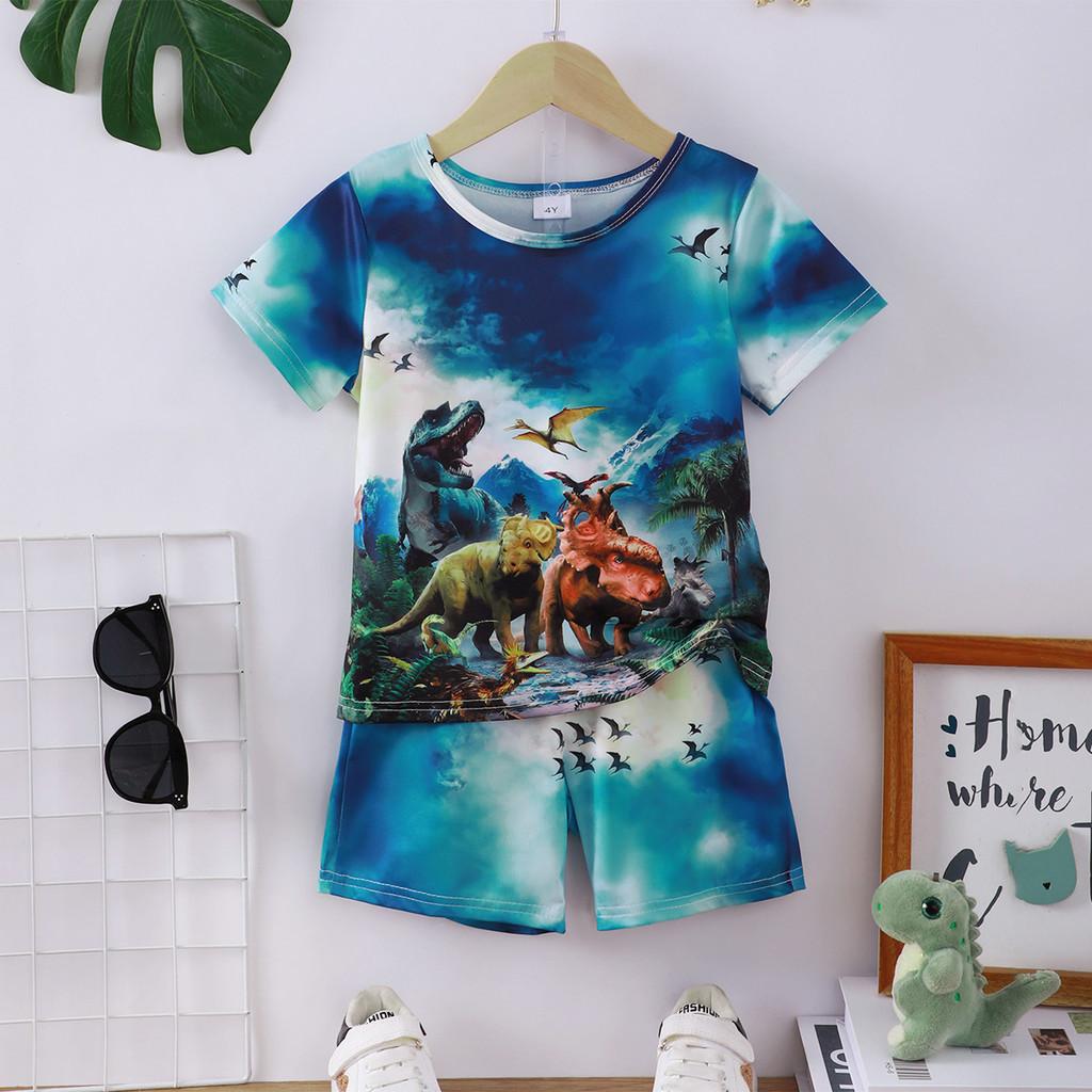 Комплект летней детской одежды для мальчиков из 2 предметов: топ с короткими рукавами и принтом динозавра, шорты, стильный удобный костюм для мальчиков 4-7 лет