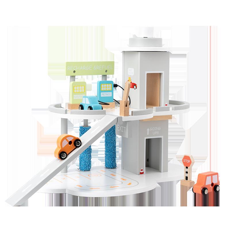 Деревянная игрушка-симулятор парковки, вращающаяся игрушка-головоломка для сцены автозаправочной станции