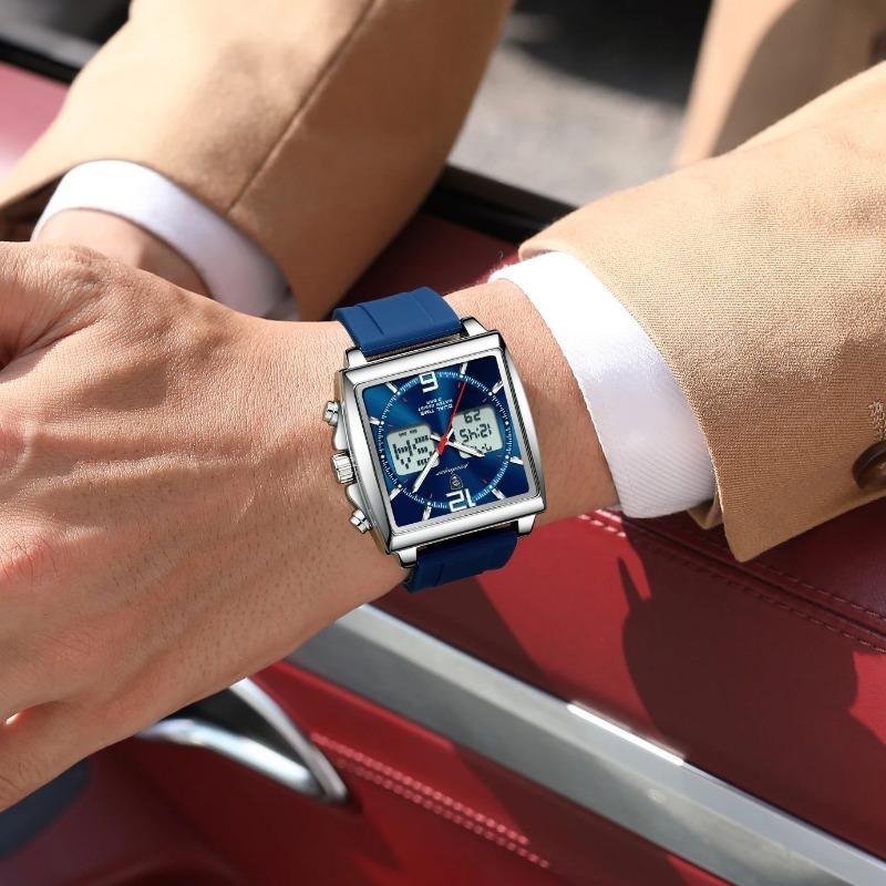 POEDAGAR Luxury Top Man Watch Electronic Square LED Alarm Chronograph Watches Week Date Dual Time Display Quartz Clock