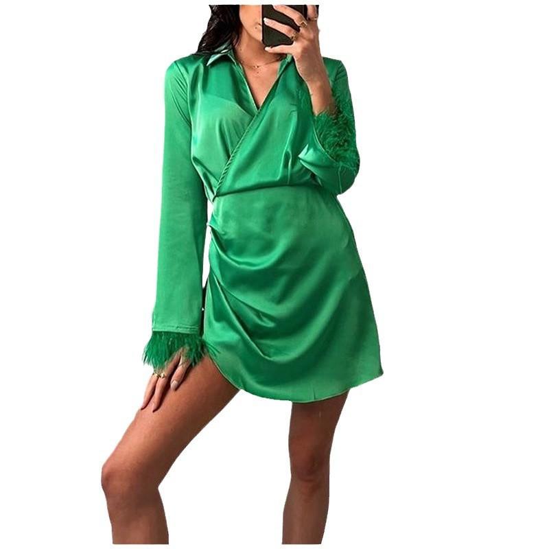 Womens V-Neck Mini Dress Solid Color Fresh Sweet Style A-Line Long Sleeve