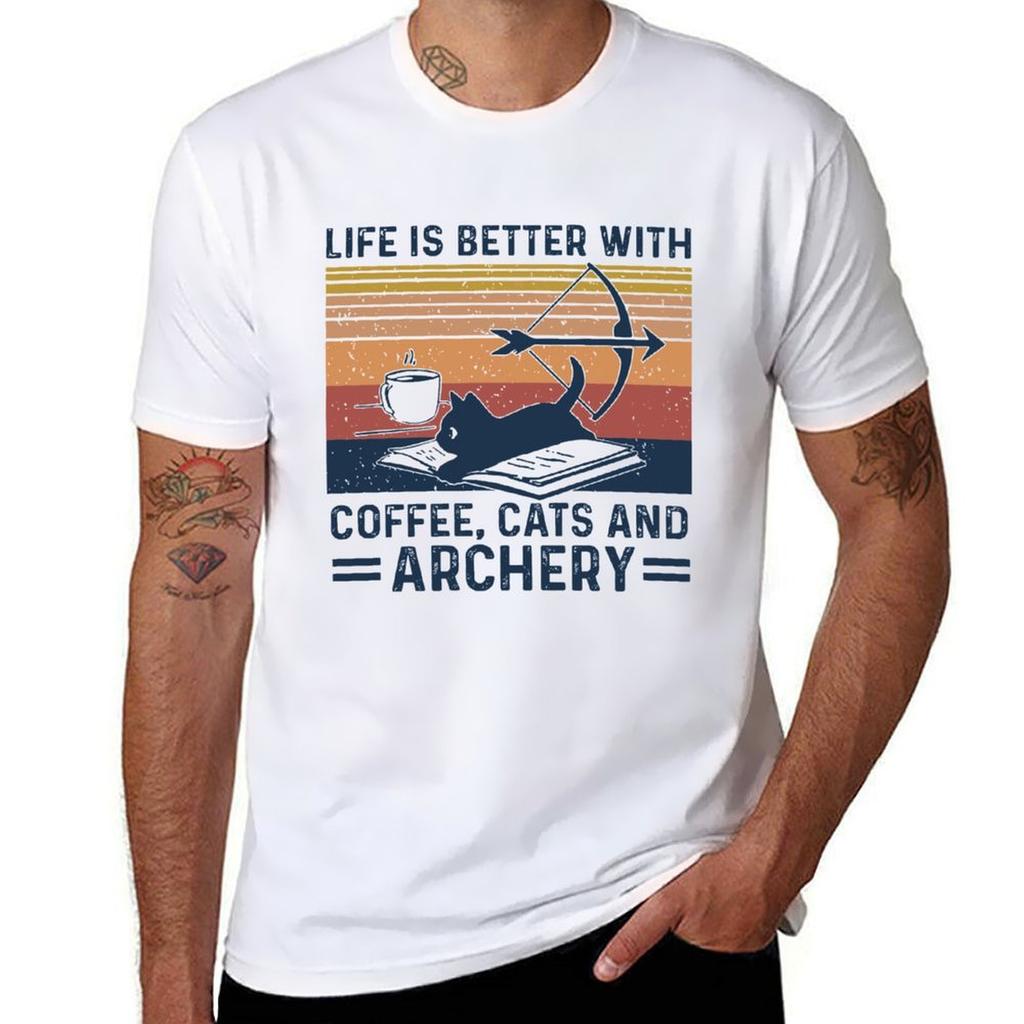 Vintage Life Is Better With Coffee Cats And Archery Black Cat Tshirt Perforunisexce Workout Short Sleeve Tee