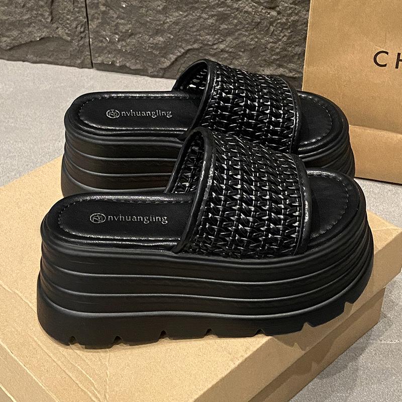 Fashion 8CM Platform Sandals Women 2025 Summer New Non-slip High Heels Weave Leather Slippers Ladies Open-toed Roman Soft Beach Shoes