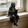 Unique Book Holder Sitting Skeleton Bookend Ornament, Matte Black Dark Hooded Figure Elegant Bookshelf Ornament for Desktop Study Room, Industrial