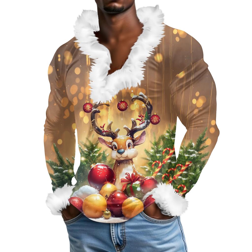 Мужской повседневный рождественский плюшевый свитшот с V-образным вырезом и длинными рукавами из флиса