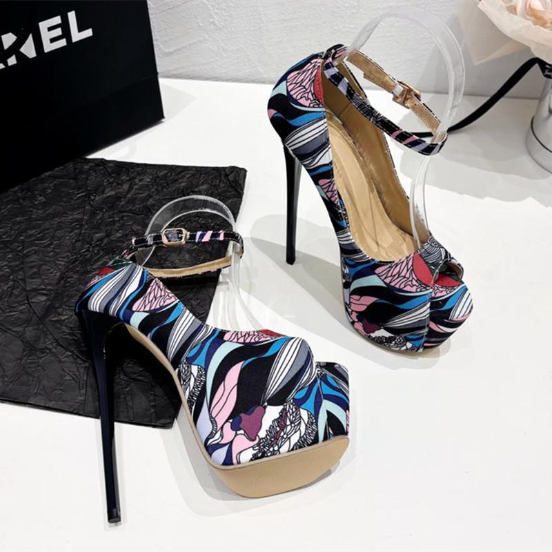 Мода Мода Печать Открытый носок Тонкий Высокий каблук Женские толстые подошвы Платформа Сандалии Pole Dance Туфли с пряжкой на щиколотке Обувь Zapatillas Mujer