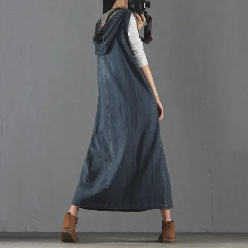 Корейское джинсовое платье большого размера с капюшоном и без рукавов — повседневное, утягивающее, антивозрастное