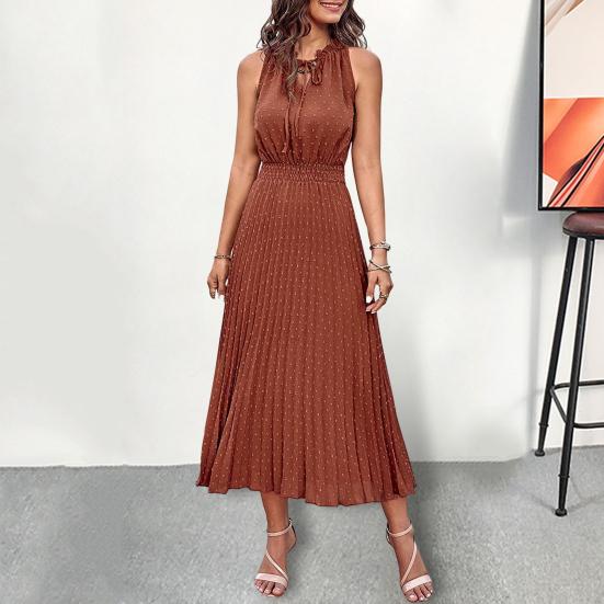 Women's Boho Midi Dress Summer V Neck Tie Strap Sleeveless Pleated Swing Dress Casual Flowy A-Line Beach Sundress