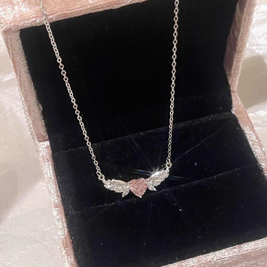 Angel Wings Pink Diamond Love Necklace Women's ins Niche Light Luxury Sweet Gentle Temperament Clavicle Necklace