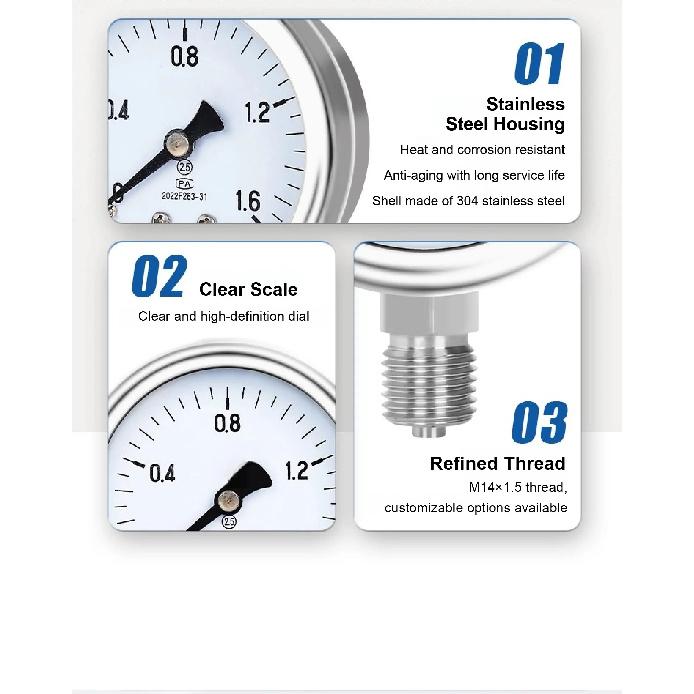 Y-60BF Stainless Steel Pressure Gauge 0.1-60MPa Vacuum Steam Vibration Resistant Dial M14x1.5 Bottom Mount for Water Oil Air