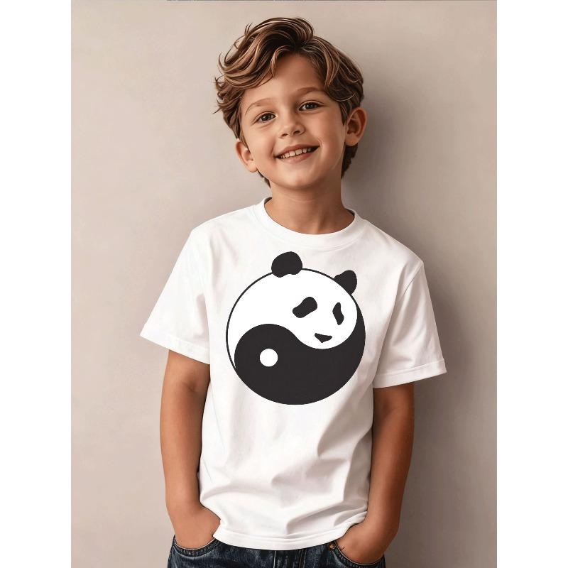 Boys Panda Yin Yang Print Black Crewneck Casual Sports T-Shirt