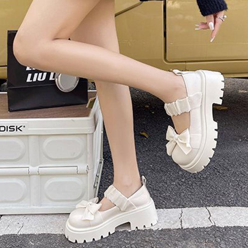 Thick Bottom Bow Mary Jane Shoes Women Spring Casual Round Head Lolita Lovely Shallow Mouth Single Shoes Black Platfotm Lofers