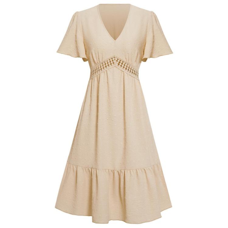 Женское повседневное платье А-силуэта с V-образным вырезом и короткими рукавами, с высокой талией, длиной выше колена, однотонное, с дизайном «лепестки лотоса», весна-лето, размеры S-XL