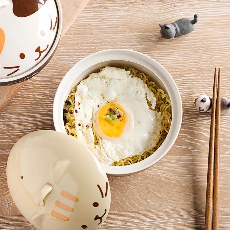 550ml Soup Bowl Ceramic Instant Noodles Lamian Noodles Bowl with Lid Cartoon Animal Tableware Home Creative Ceramic Tableware
