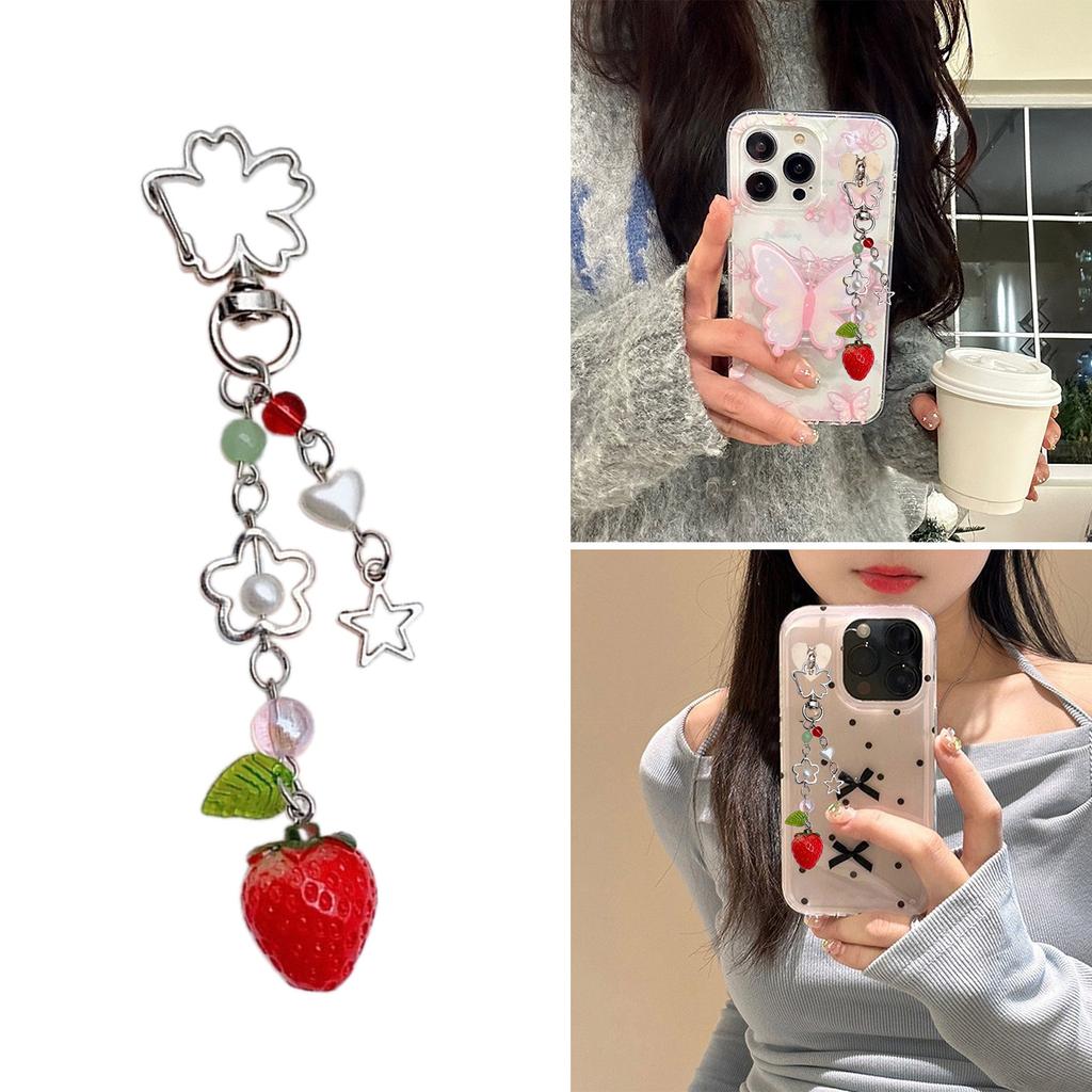 Fashionable Strawberry Pendant Phone Charm Unique Heart Flower Keychain Vibrant Beaded Pendant for Cellphone Camera